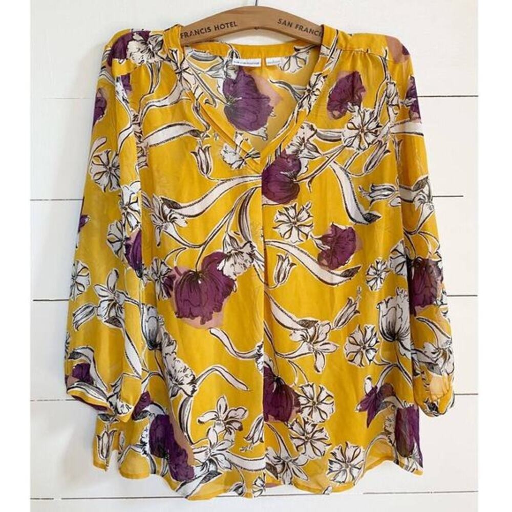 Liz Claiborne Yellow Purple Floral V-Neck 3/4 Sleeve Chiffon Blouse Womens Large